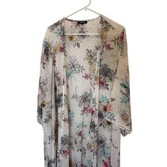 Torrid Open Front Swiss Dot Kimono White Floral Size 3/4 - Picture 1 of 6